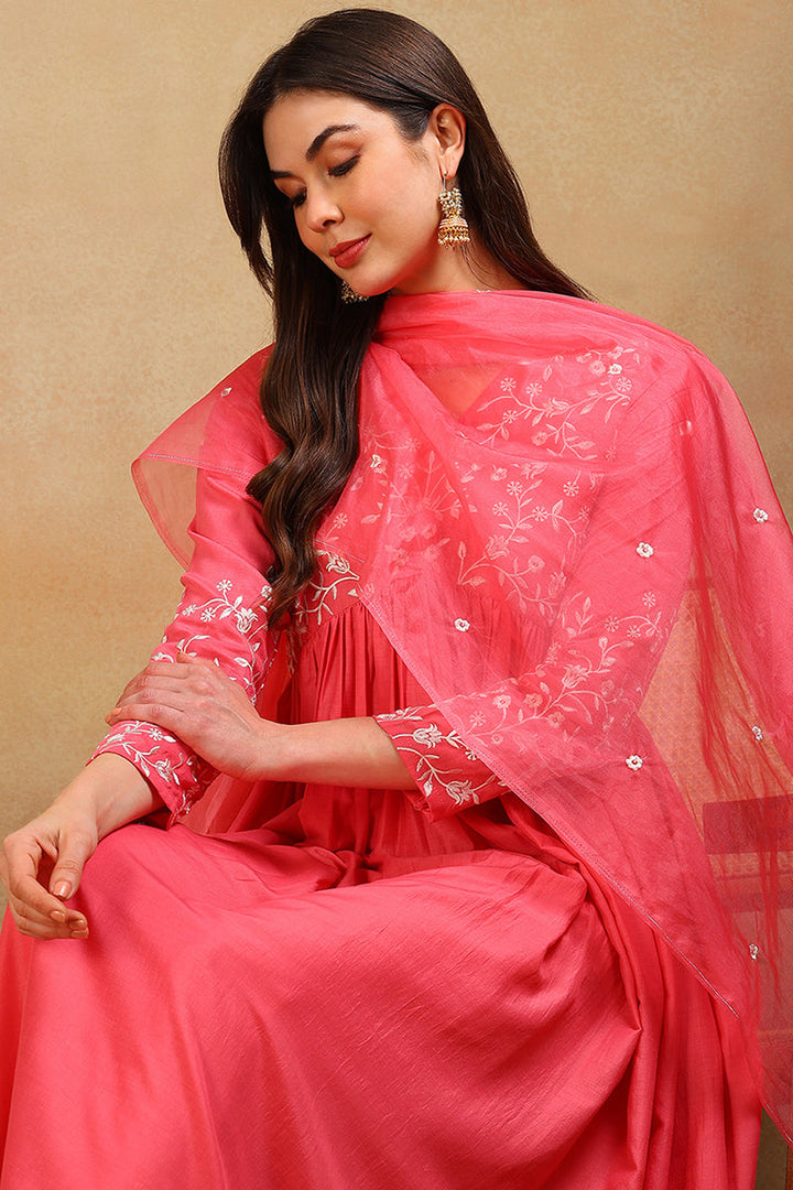 Pink Silk Blend Solid Embroidered Flared Empire Suit Set  | SHOBITAM