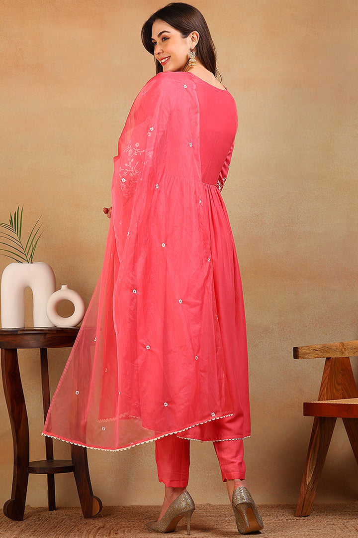 Pink Silk Blend Solid Embroidered Flared Empire Suit Set  | SHOBITAM