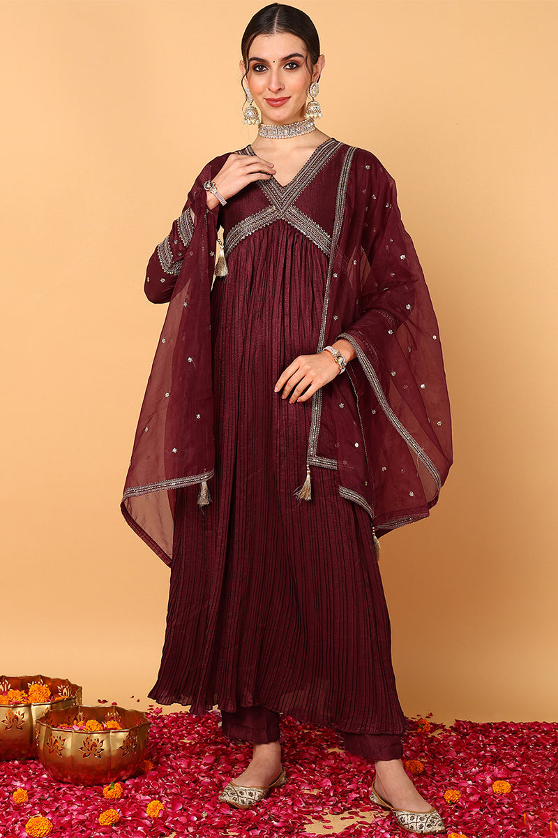 Maroon Silk Blend Solid Embroidered Flared Suit Set | SHOBITAM