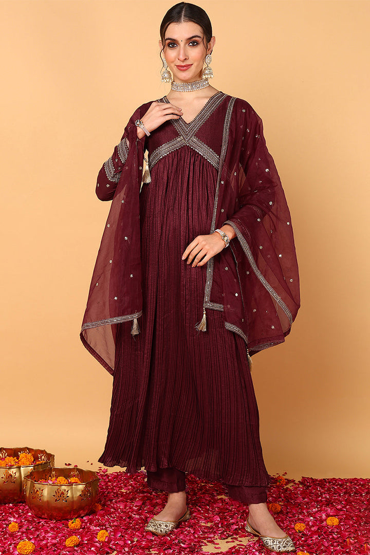 Maroon Silk Blend Solid Embroidered Flared Suit Set | SHOBITAM