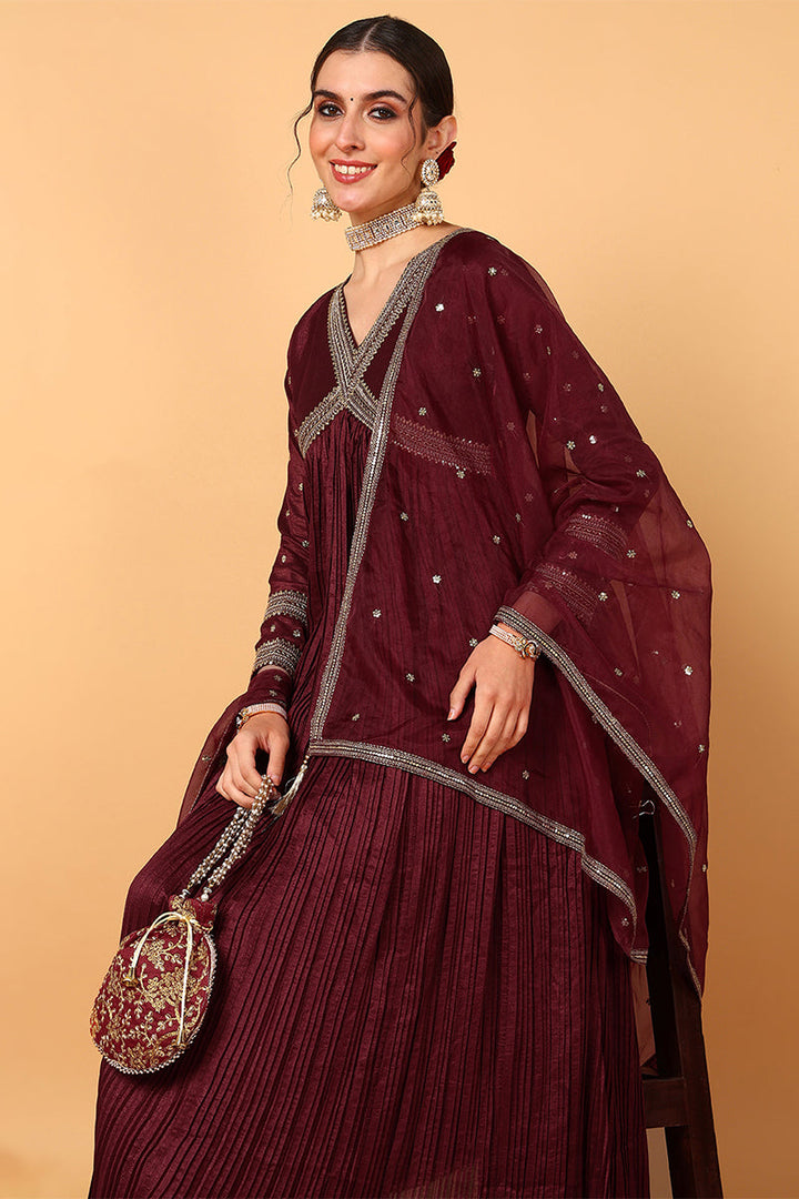 Plus Size Maroon Silk Blend Solid Embroidered Flared Suit Set |shobitam