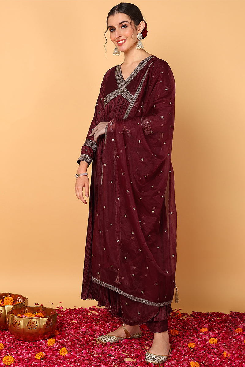 Maroon Silk Blend Solid Embroidered Flared Suit Set | SHOBITAM
