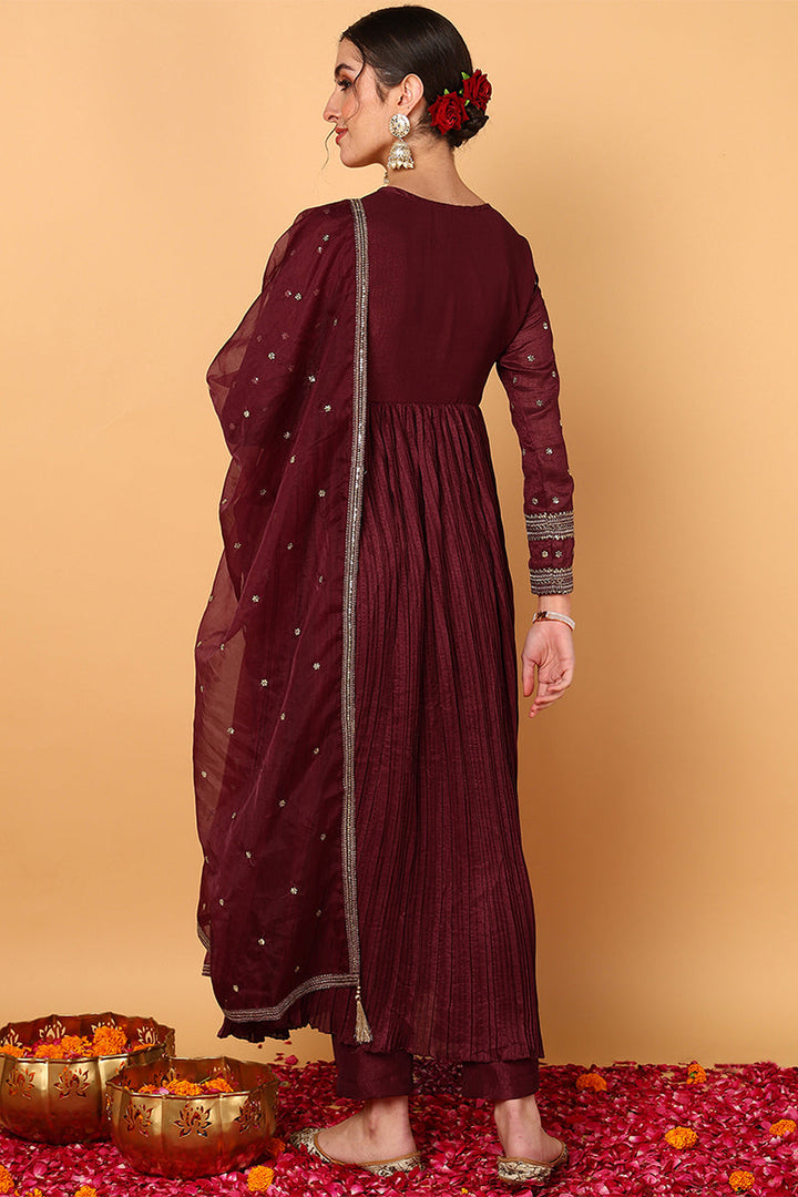 Plus Size Maroon Silk Blend Solid Embroidered Flared Suit Set |shobitam