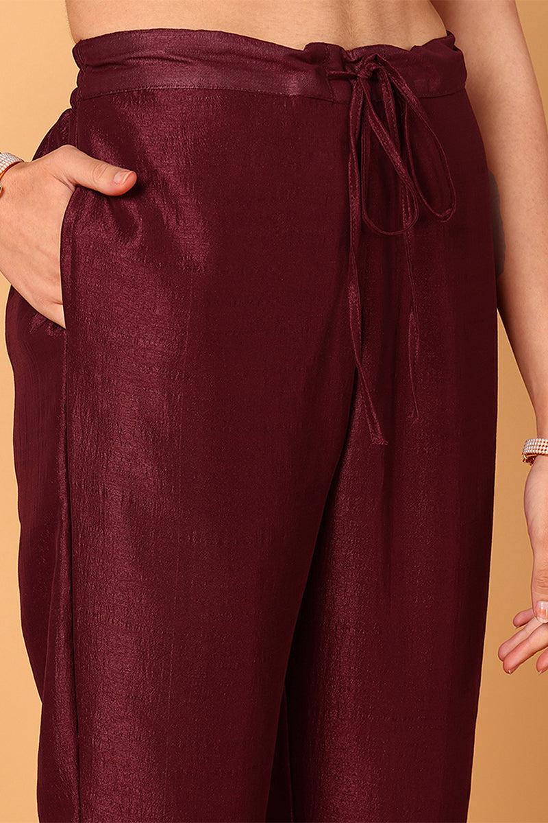 Maroon Silk Blend Solid Embroidered Flared Suit Set | SHOBITAM
