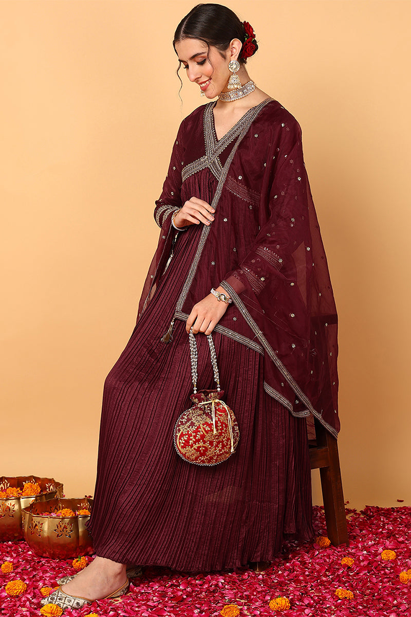 Plus Size Maroon Silk Blend Solid Embroidered Flared Suit Set |shobitam