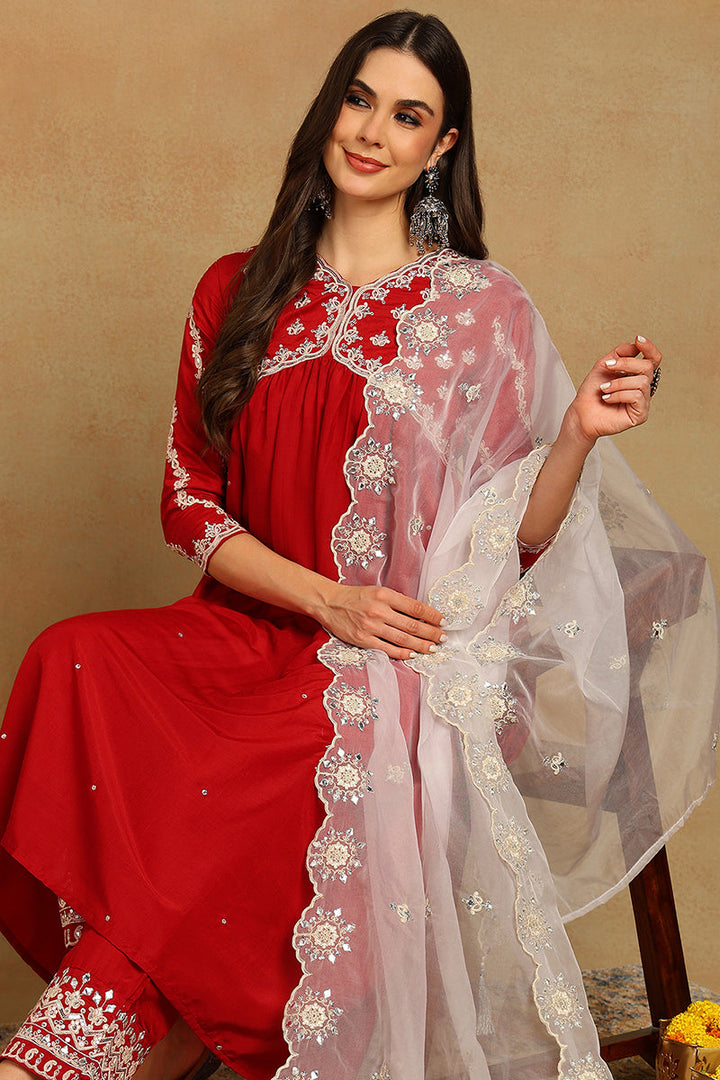 Red Silk Blend Solid Embroidered Flared Suit Set | SHOBITAM