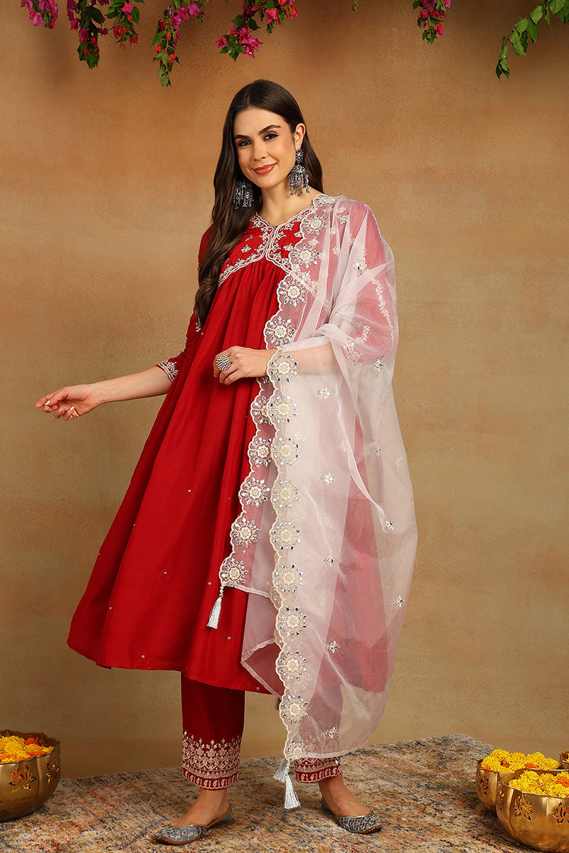 Red Silk Blend Solid Embroidered Flared Suit Set | SHOBITAM