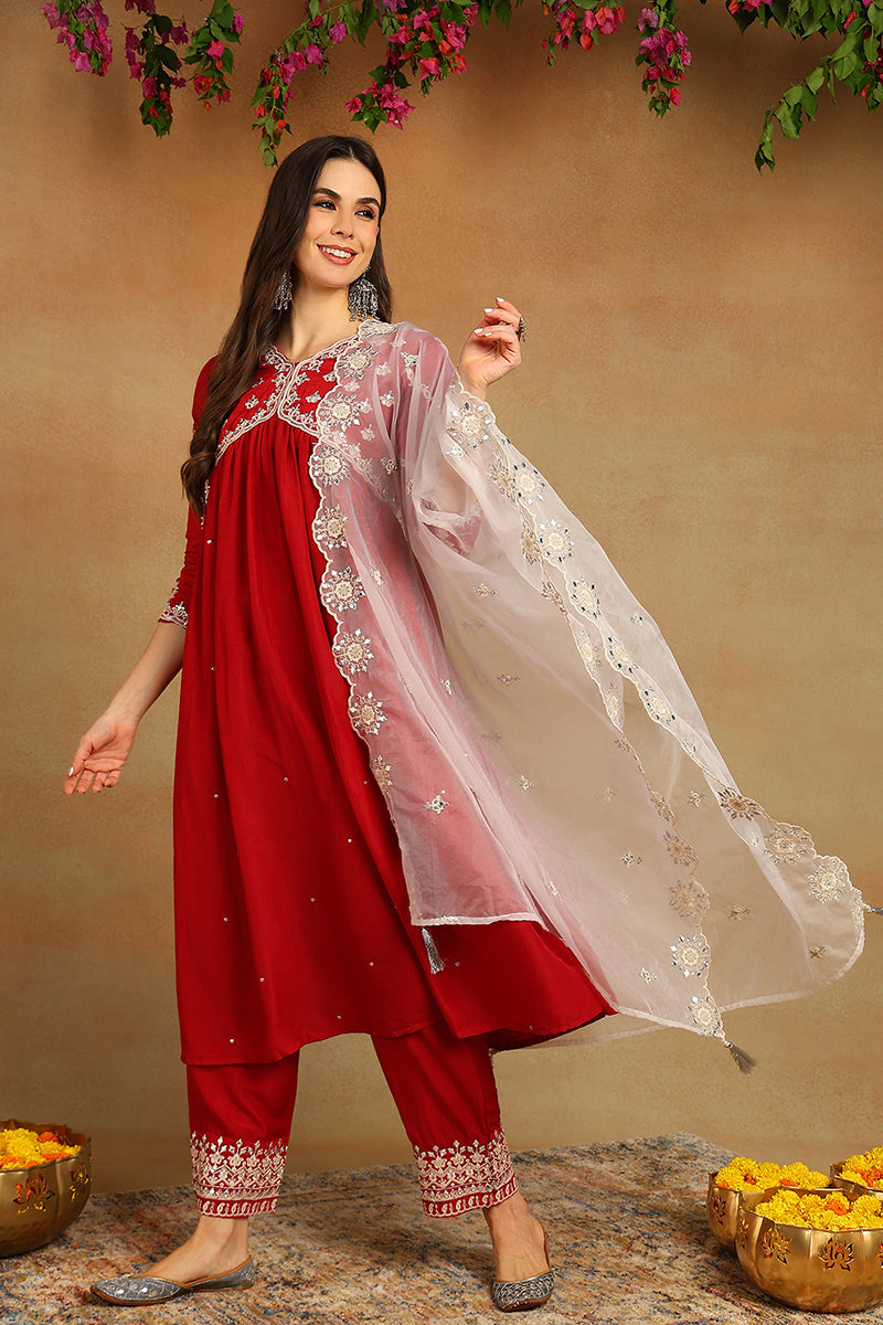 Red Silk Blend Solid Embroidered Flared Suit Set | SHOBITAM