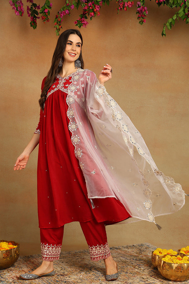 Red Silk Blend Solid Embroidered Flared Suit Set | SHOBITAM