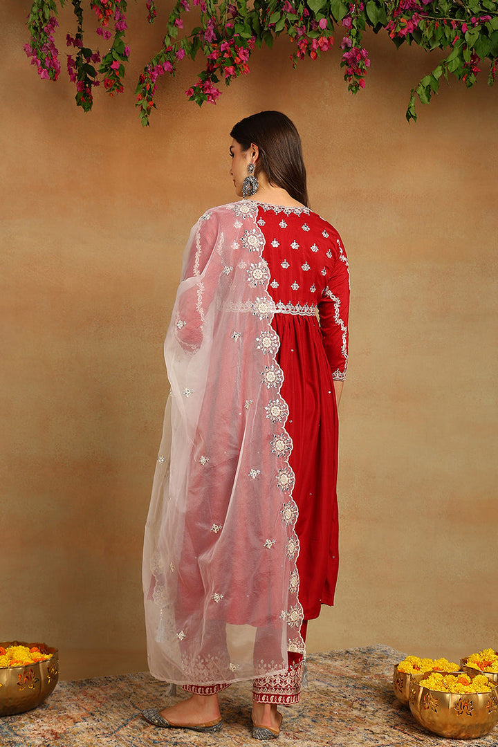 Red Silk Blend Solid Embroidered Flared Suit Set | SHOBITAM