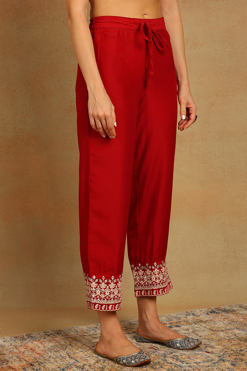 Red Silk Blend Solid Embroidered Flared Suit Set | SHOBITAM