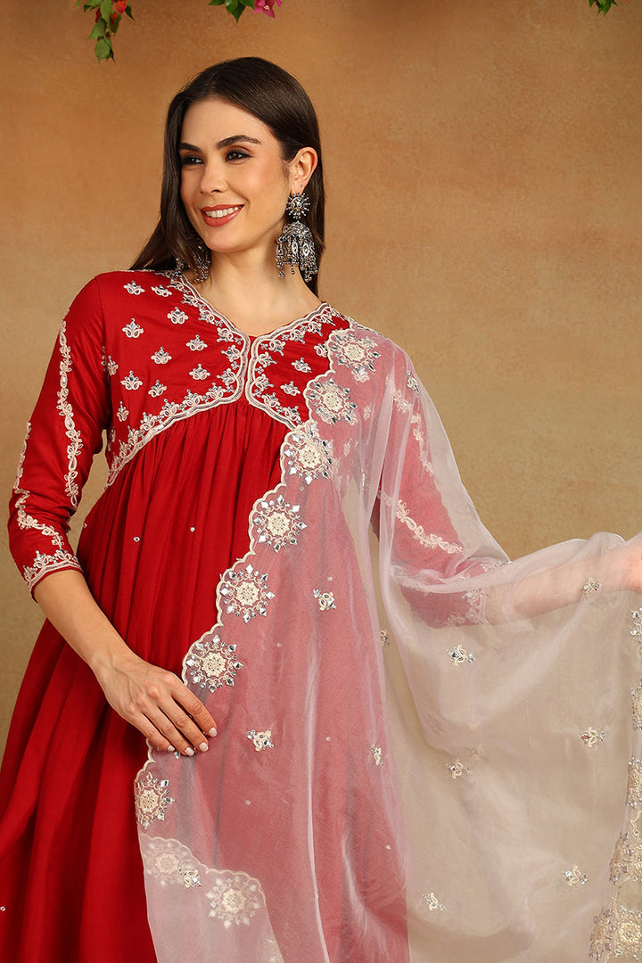 Red Silk Blend Solid Embroidered Flared Suit Set | SHOBITAM