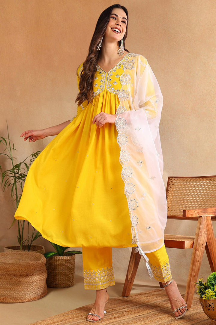 Yellow Silk Blend Solid Embroidered Flared Suit Set | SHOBITAM