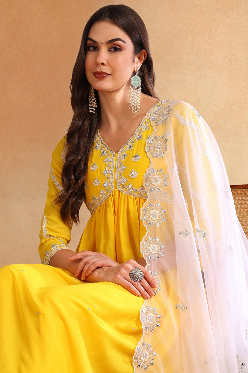 Yellow Silk Blend Solid Embroidered Flared Suit Set | SHOBITAM