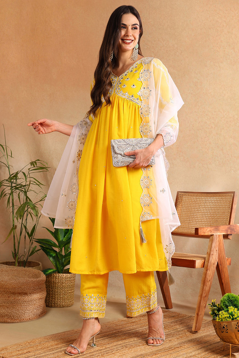 Yellow Silk Blend Solid Embroidered Flared Suit Set | SHOBITAM