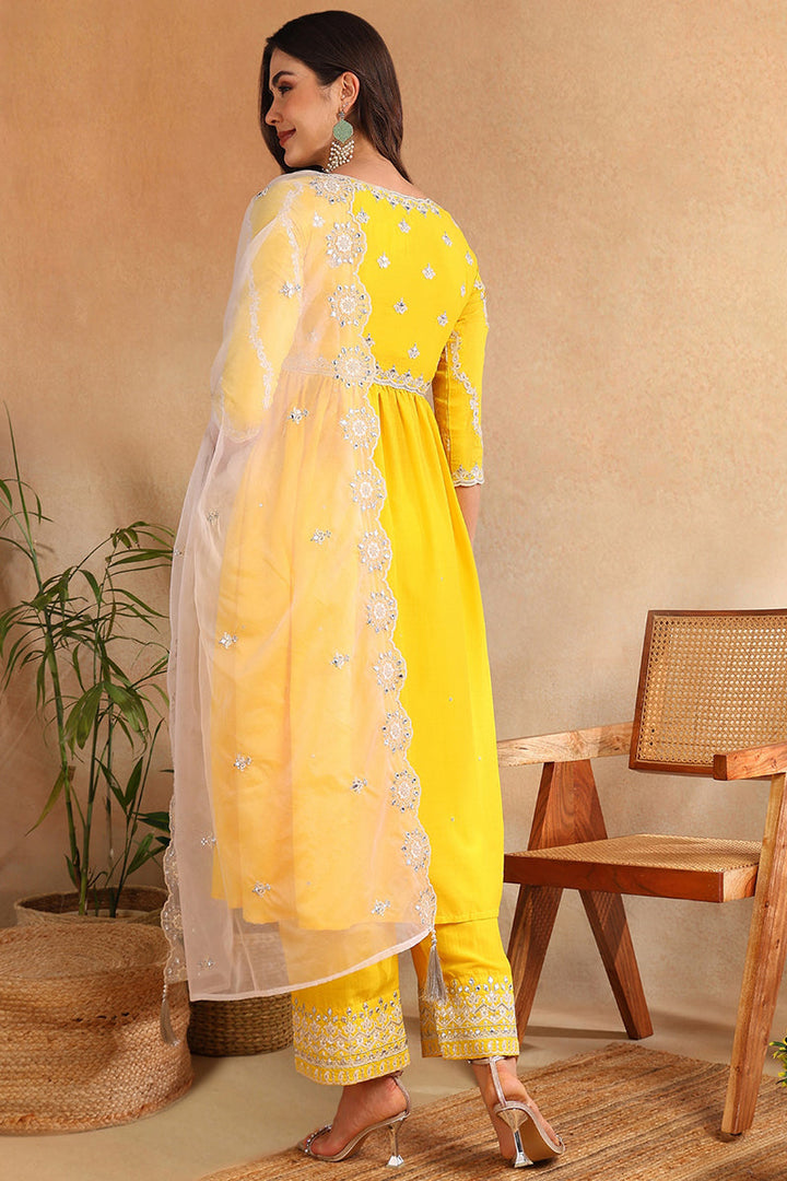 Yellow Silk Blend Solid Embroidered Flared Suit Set | SHOBITAM