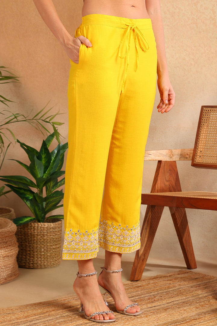 Yellow Silk Blend Solid Embroidered Flared Suit Set | SHOBITAM