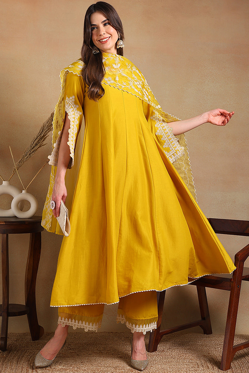 Yellow Silk Blend Solid Embroidered Flared Suit Set | SHOBITAM