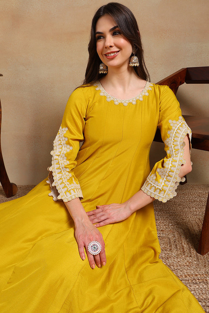 Yellow Silk Blend Solid Embroidered Flared Suit Set | SHOBITAM
