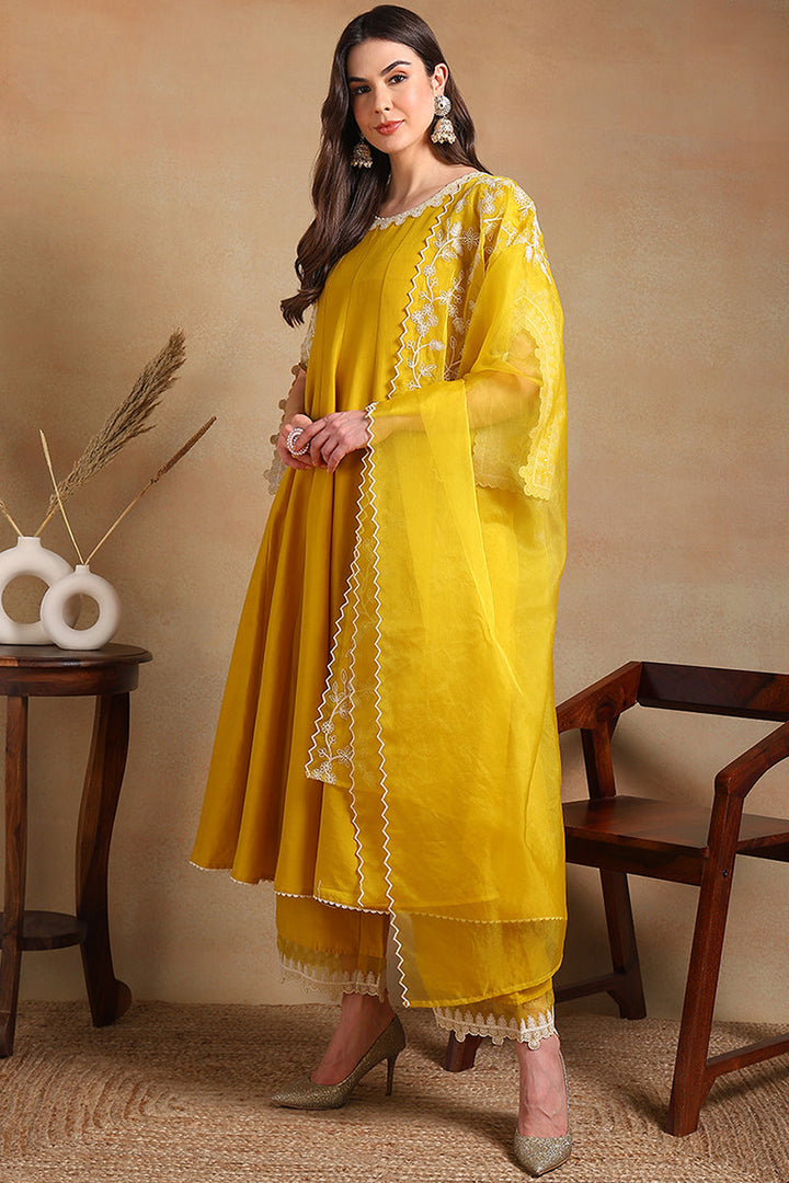 Yellow Silk Blend Solid Embroidered Flared Suit Set | SHOBITAM