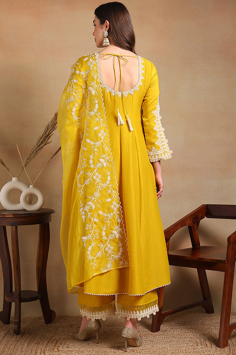 Yellow Silk Blend Solid Embroidered Flared Suit Set | SHOBITAM