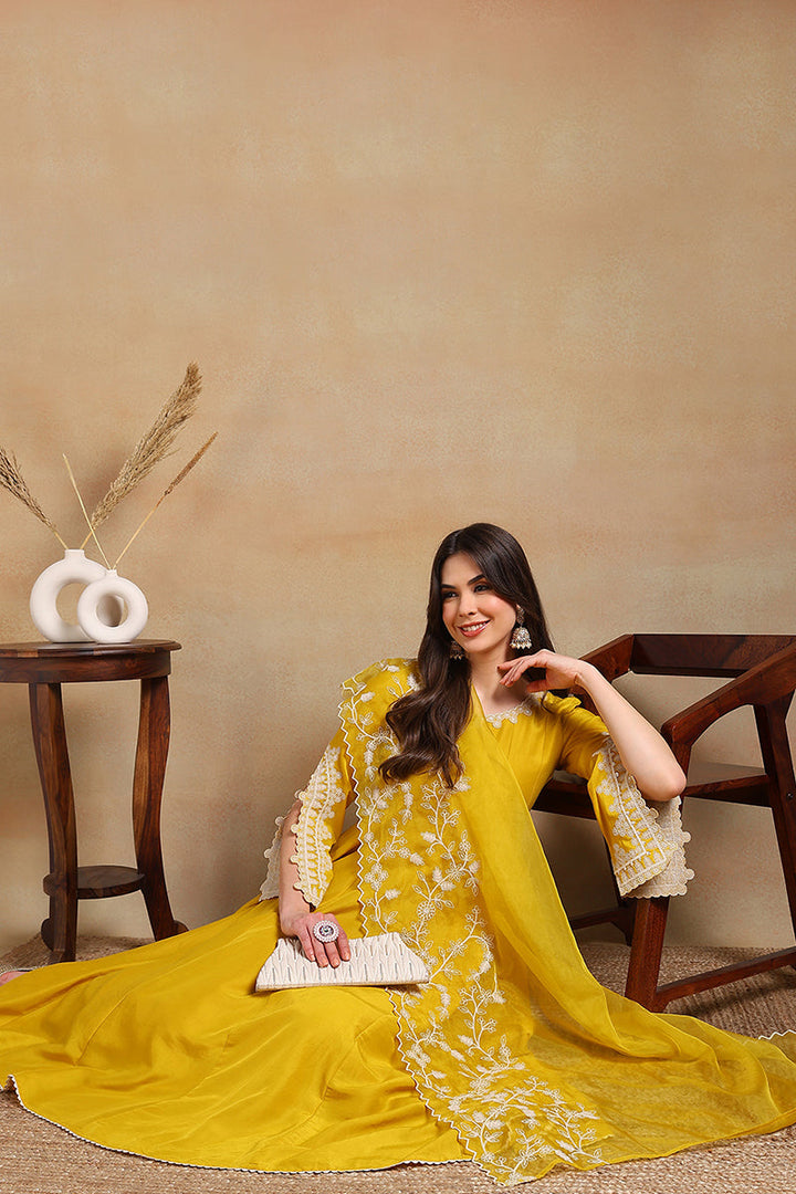 Yellow Silk Blend Solid Embroidered Flared Suit Set | SHOBITAM