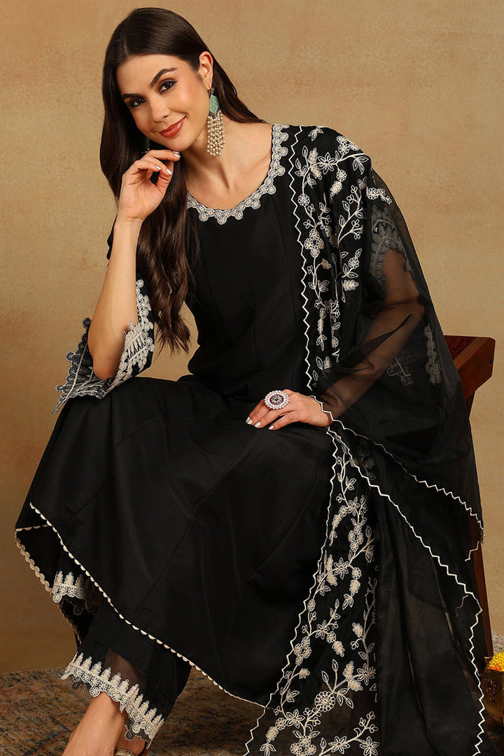 Black Silk Blend Solid Embroidered Flared Suit Set | SHOBITAM