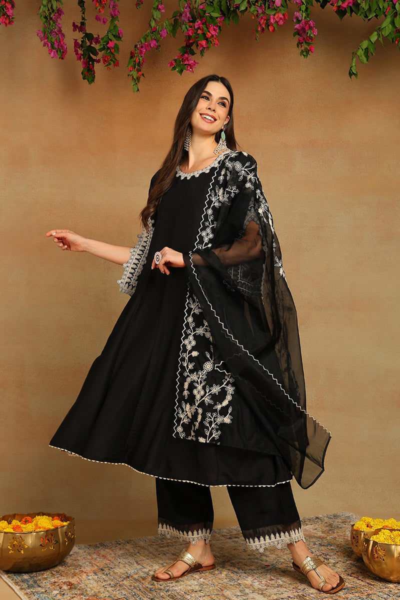 Black Silk Blend Solid Embroidered Flared Suit Set | SHOBITAM