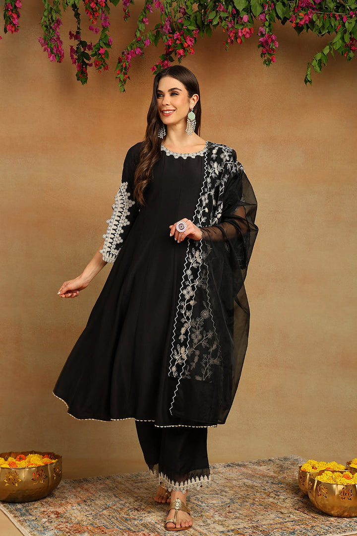 Black Silk Blend Solid Embroidered Flared Suit Set | SHOBITAM