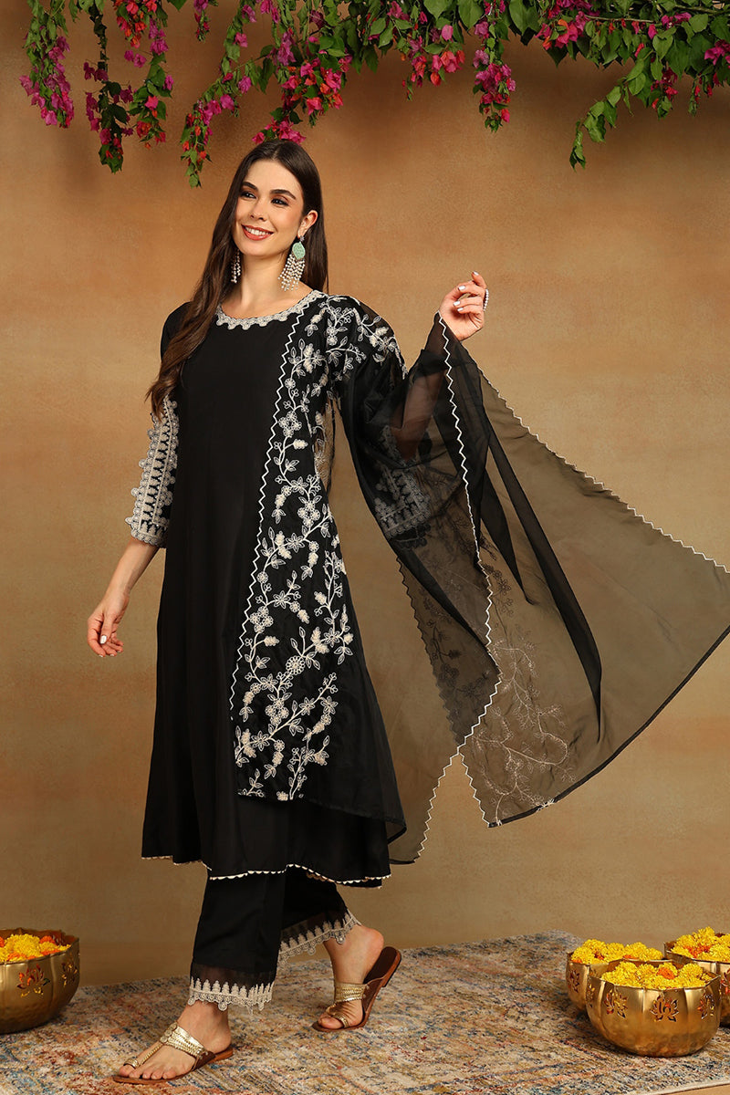 Black Silk Blend Solid Embroidered Flared Suit Set | SHOBITAM