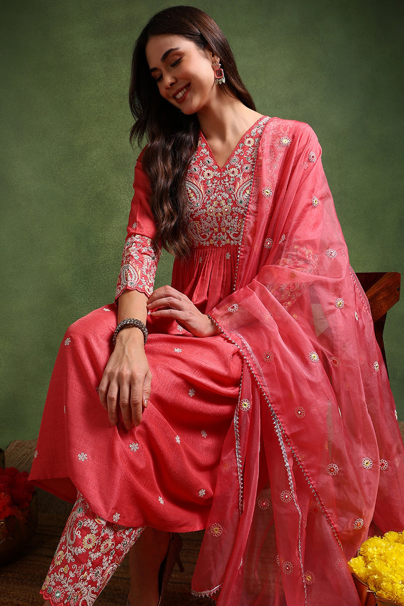 Pink Silk Blend Solid Yoke Design Anarkali Suit Set | SHOBITAM
