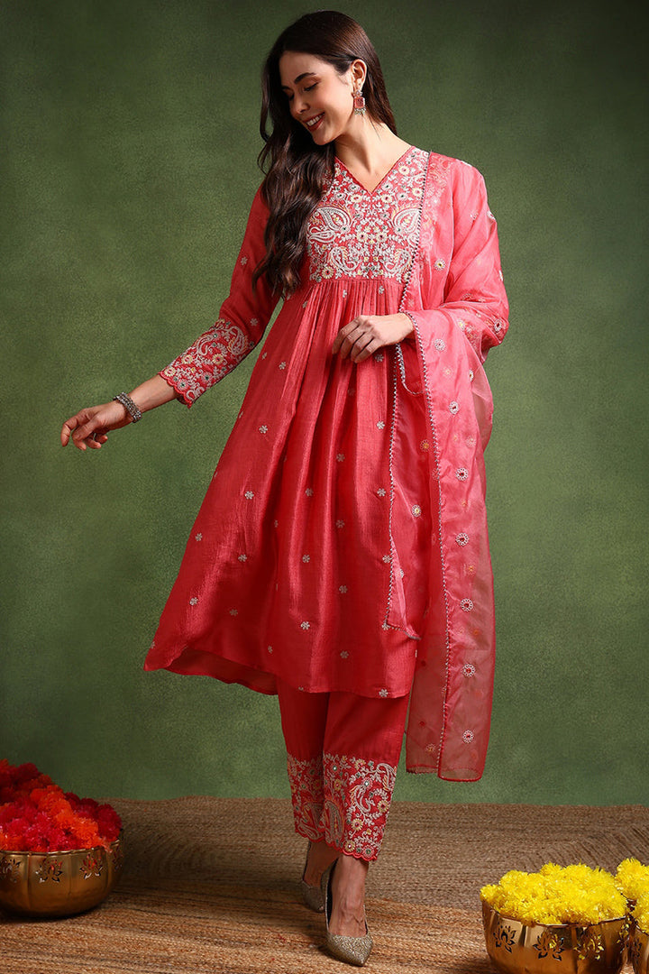 Pink Silk Blend Solid Yoke Design Anarkali Suit Set | SHOBITAM