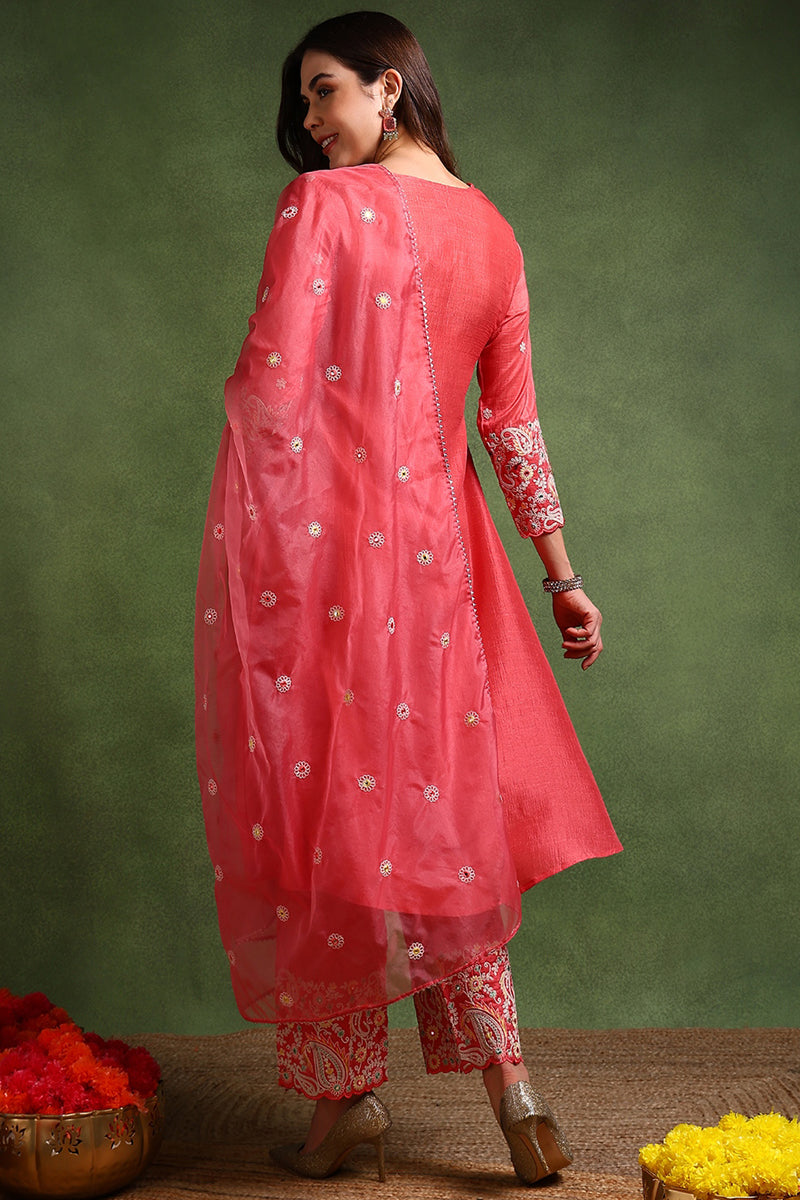 Pink Silk Blend Solid Yoke Design Anarkali Suit Set | SHOBITAM