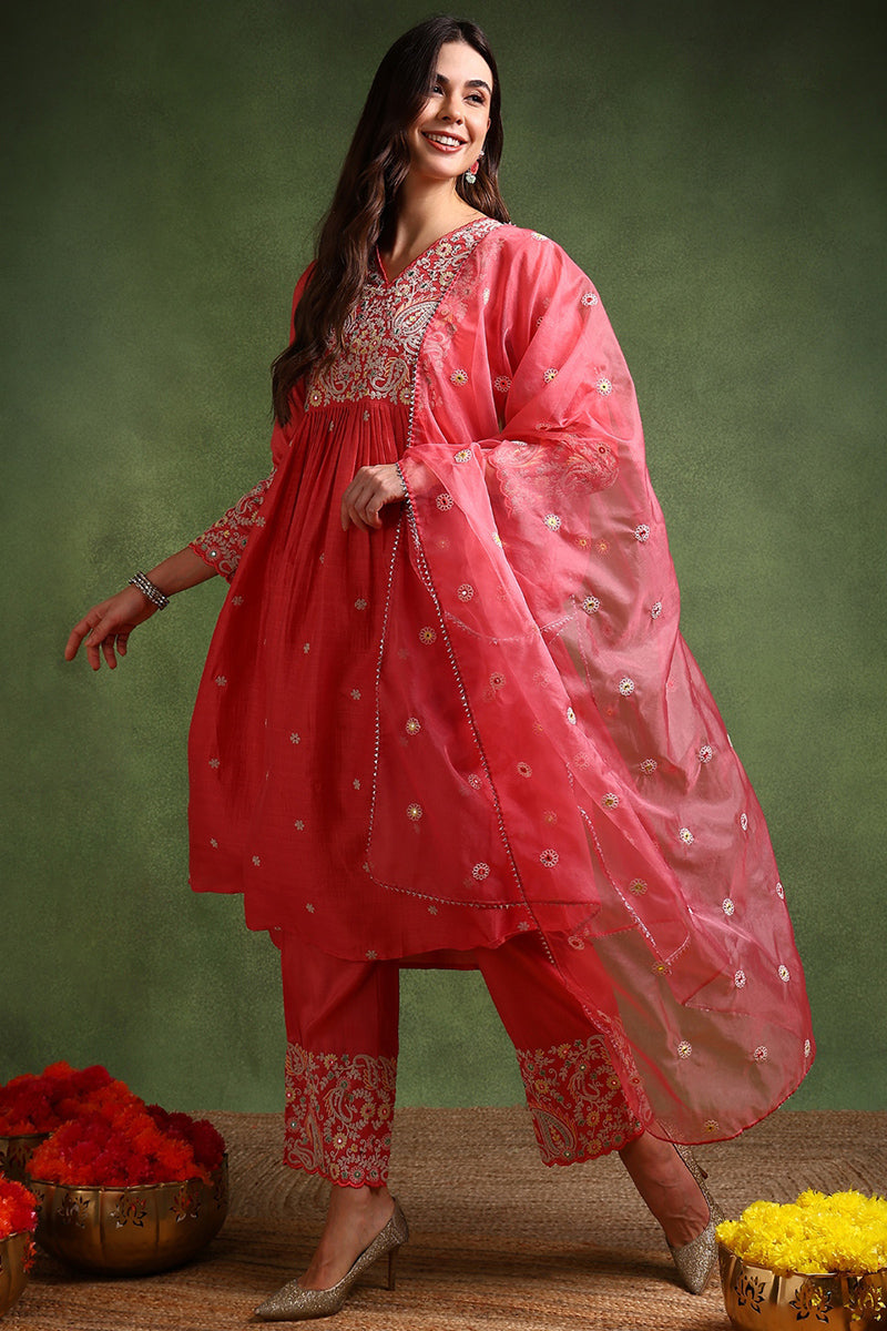 Pink Silk Blend Solid Yoke Design Anarkali Suit Set | SHOBITAM
