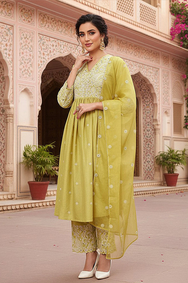 Yellow Silk Blend Solid Yoke Design Flared Style Suit Set | SHOBITAM