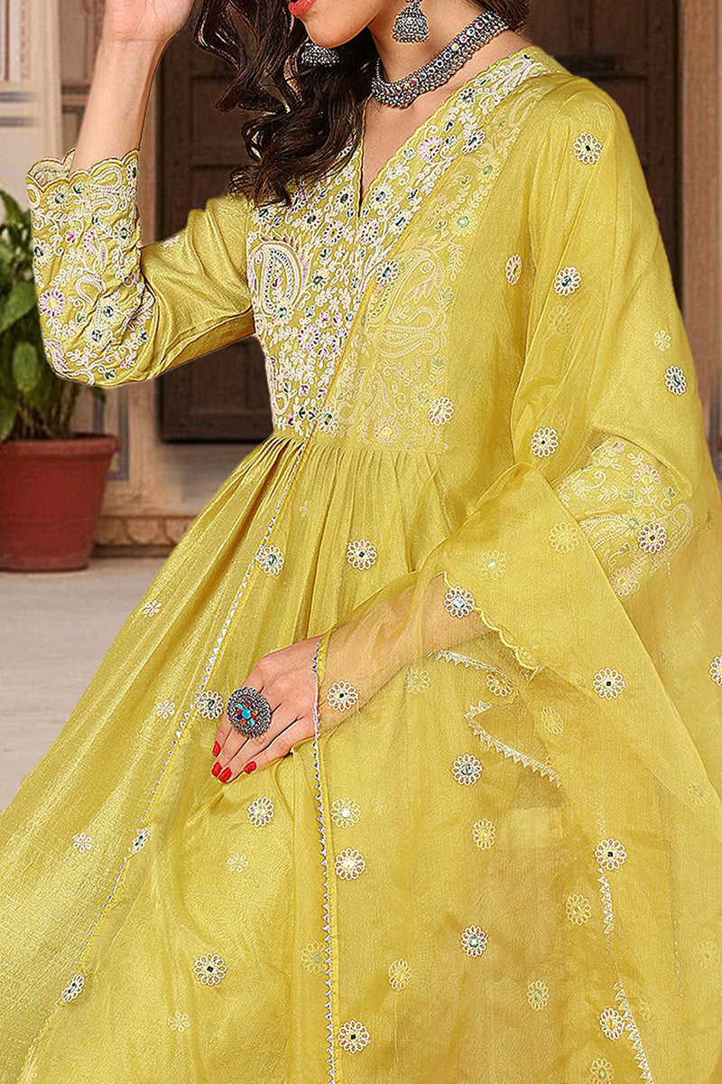 Yellow Silk Blend Solid Yoke Design Flared Style Suit Set | SHOBITAM