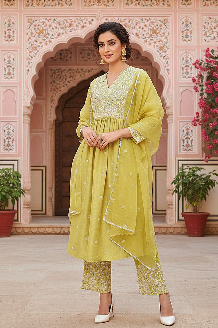 Yellow Silk Blend Solid Yoke Design Flared Style Suit Set | SHOBITAM
