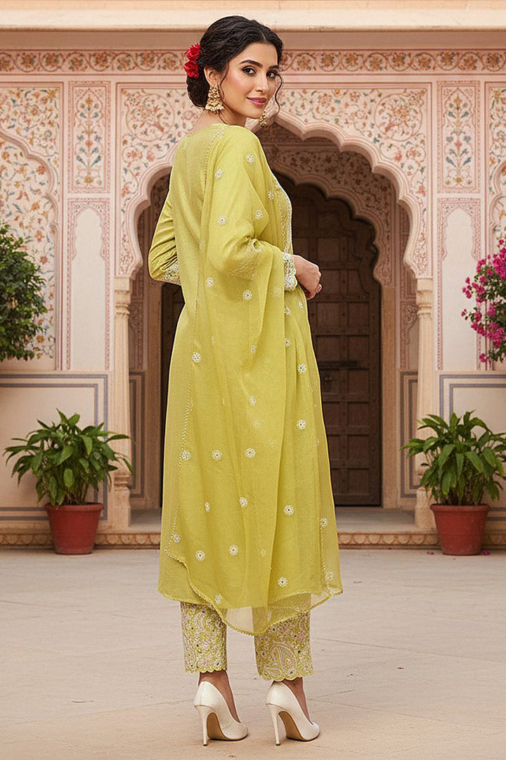 Yellow Silk Blend Solid Yoke Design Flared Style Suit Set | SHOBITAM