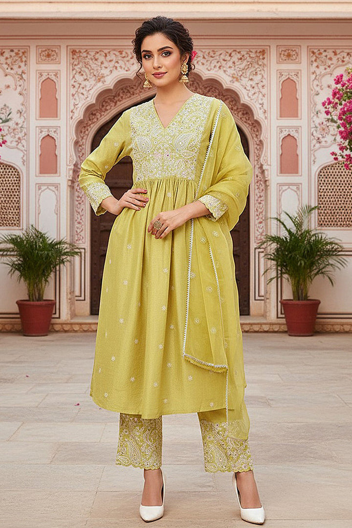 Yellow Silk Blend Solid Yoke Design Flared Style Suit Set | SHOBITAM
