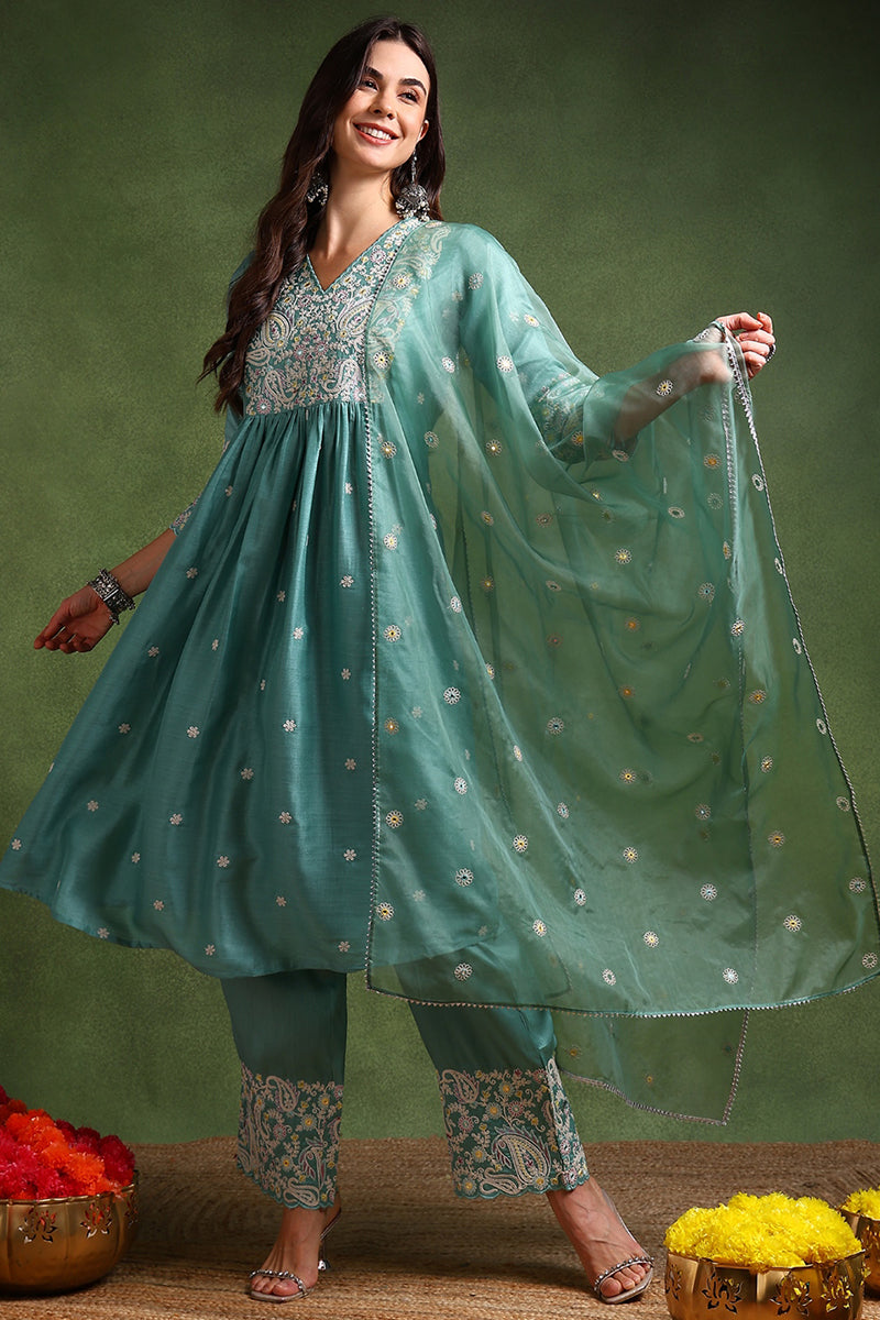 Sea Green Silk Blend Solid Yoke Design Anarkali Suit Set | SHOBITAM