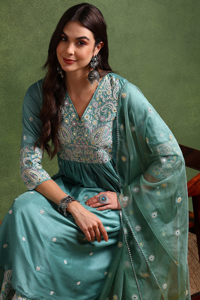 Sea Green Silk Blend Solid Yoke Design Anarkali Suit Set | SHOBITAM