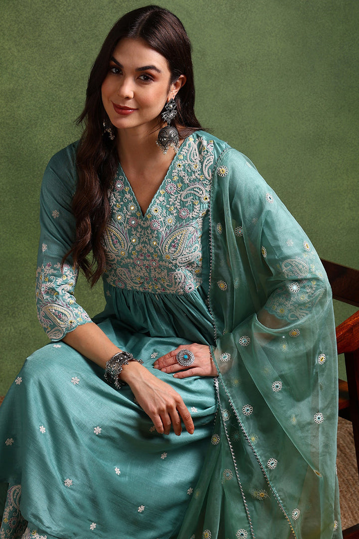 Sea Green Silk Blend Solid Yoke Design Anarkali Suit Set | SHOBITAM