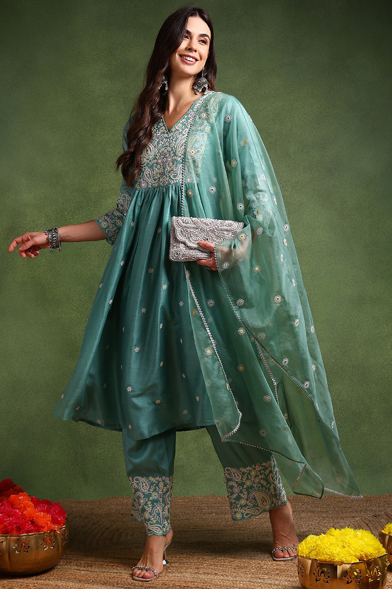 Sea Green Silk Blend Solid Yoke Design Anarkali Suit Set | SHOBITAM