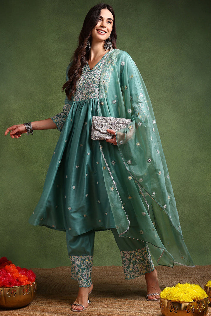 Sea Green Silk Blend Solid Yoke Design Anarkali Suit Set | SHOBITAM