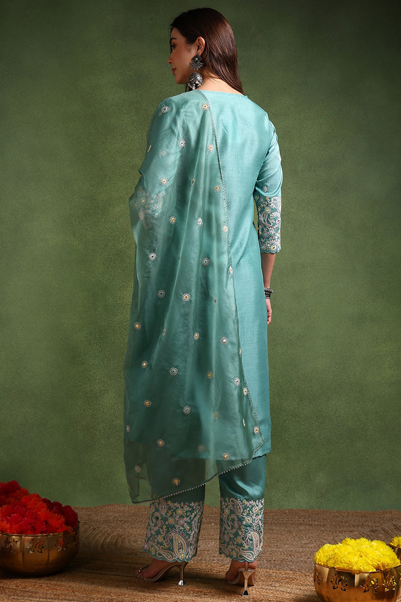 Sea Green Silk Blend Solid Yoke Design Anarkali Suit Set | SHOBITAM