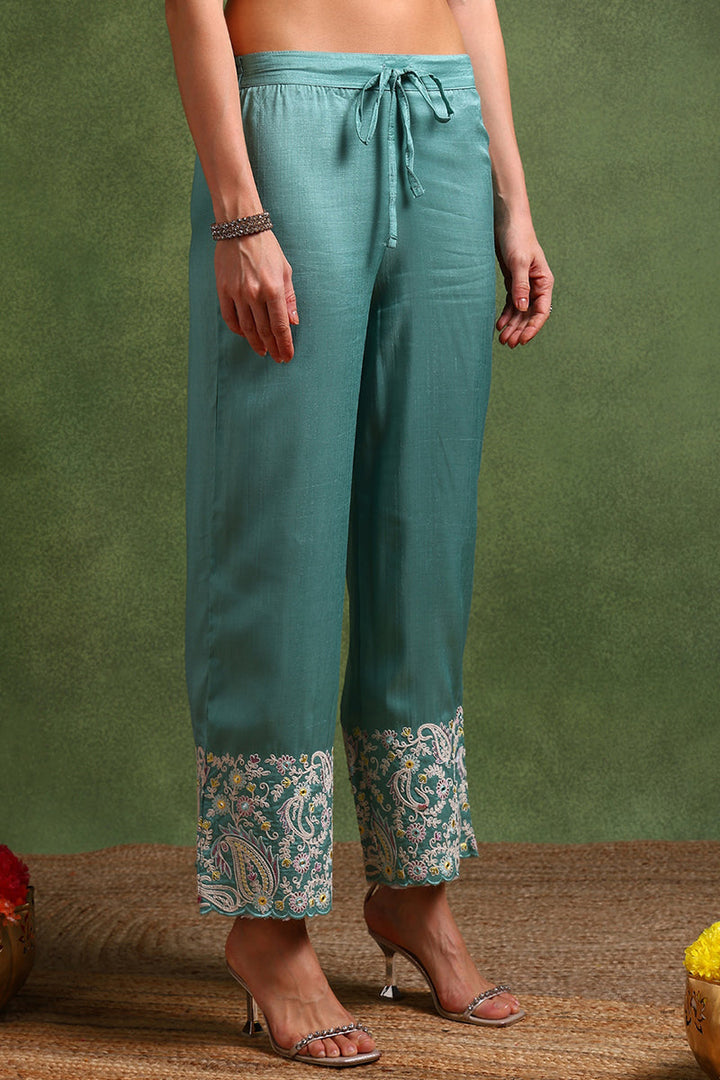 Sea Green Silk Blend Solid Yoke Design Anarkali Suit Set | SHOBITAM