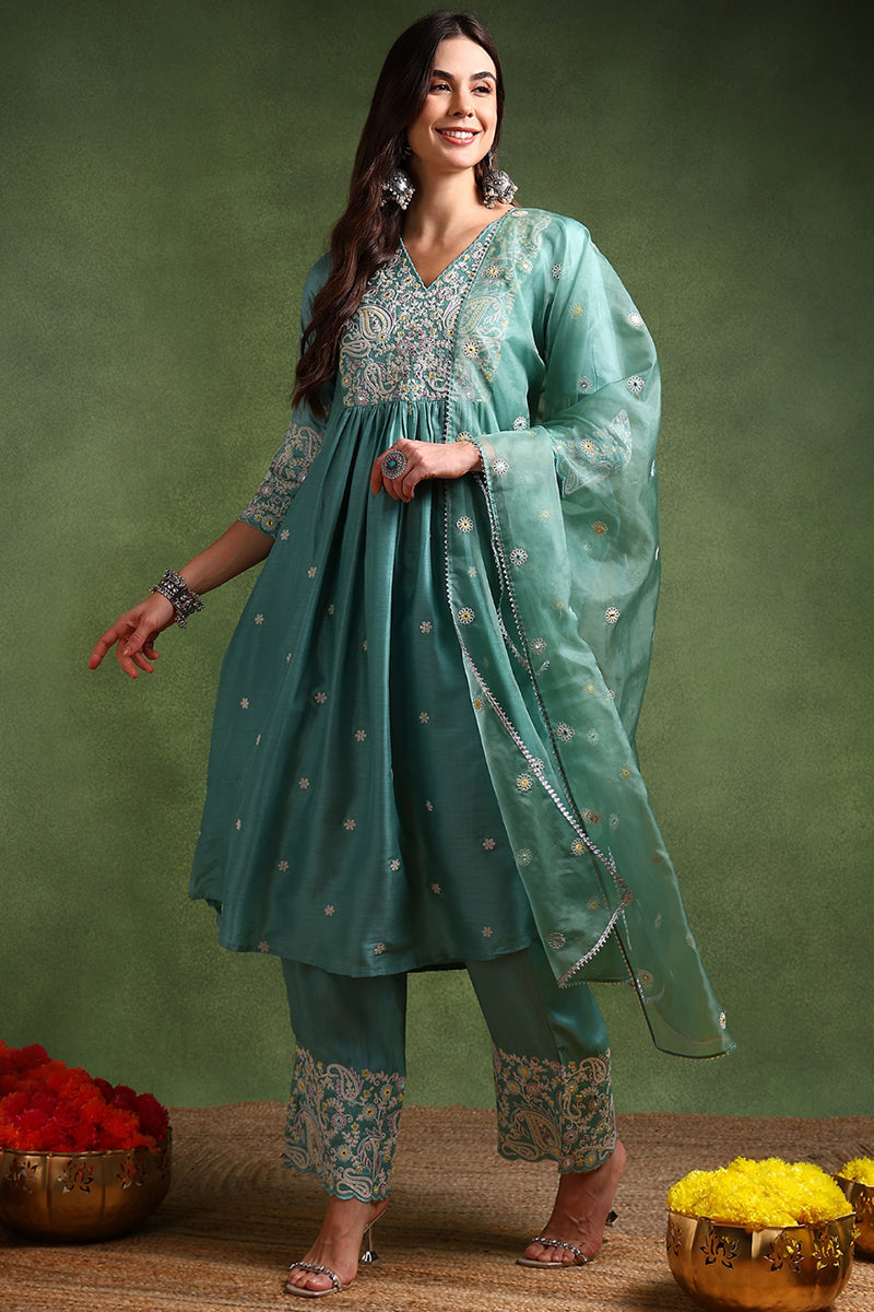 Sea Green Silk Blend Solid Yoke Design Anarkali Suit Set | SHOBITAM