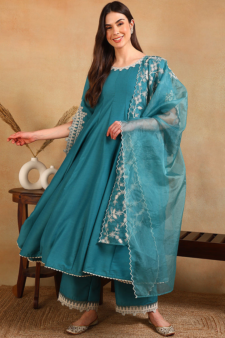 Blue Silk Blend Solid Embroidered Flared Anarkali Suit Set | SHOBITAM