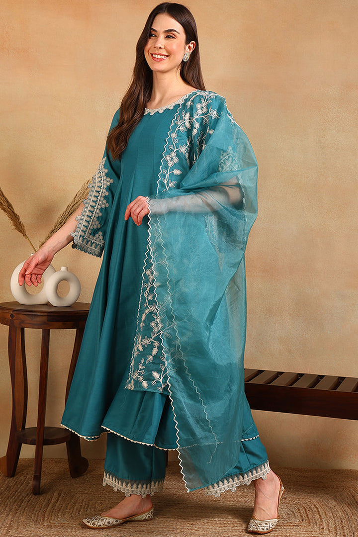 Blue Silk Blend Solid Embroidered Flared Anarkali Suit Set | SHOBITAM