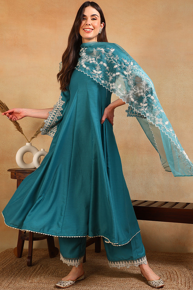 Blue Silk Blend Solid Embroidered Flared Anarkali Suit Set | SHOBITAM